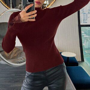 Burgundy Casual Women's Long Sleeve Christmas Lace Sweater